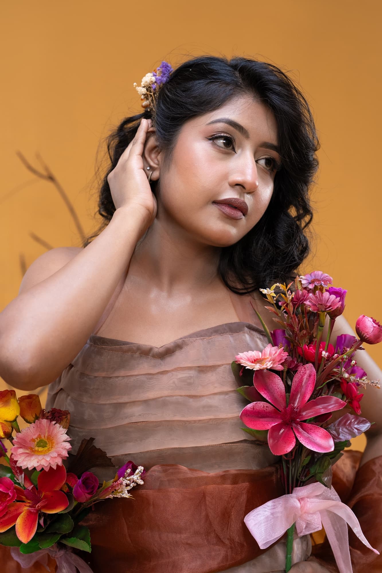 Petal Remains BUFT Graduation Couture Collection 2026 by Bangladeshi fashion designer Narin Juhi — layered organza in dusty rose, violet, cocoa and ivory with ruffles and dried-flower embroidery, photo 36 of 36