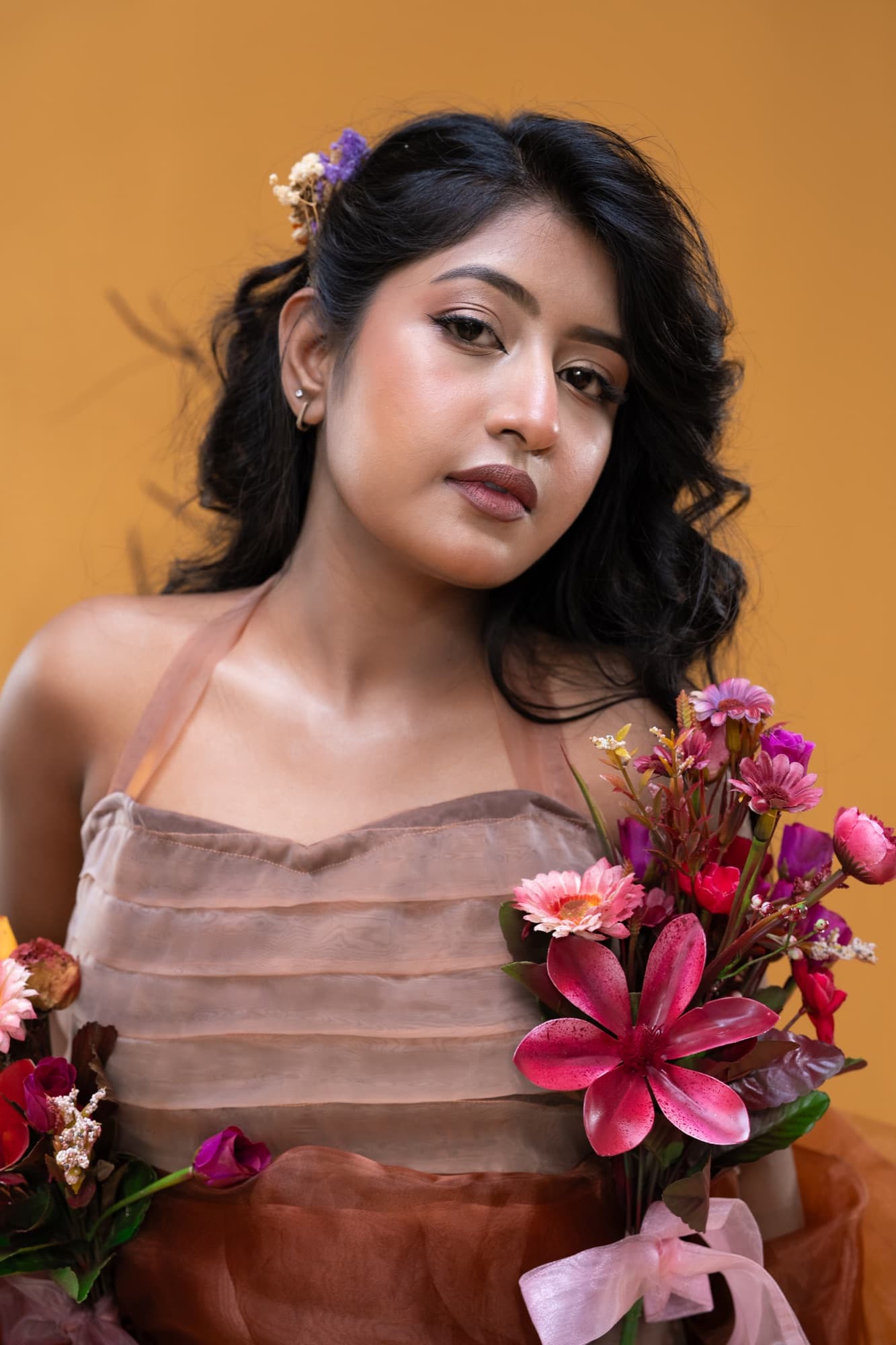 Petal Remains BUFT Graduation Couture Collection 2026 by Bangladeshi fashion designer Narin Juhi — layered organza in dusty rose, violet, cocoa and ivory with ruffles and dried-flower embroidery, photo 34 of 36