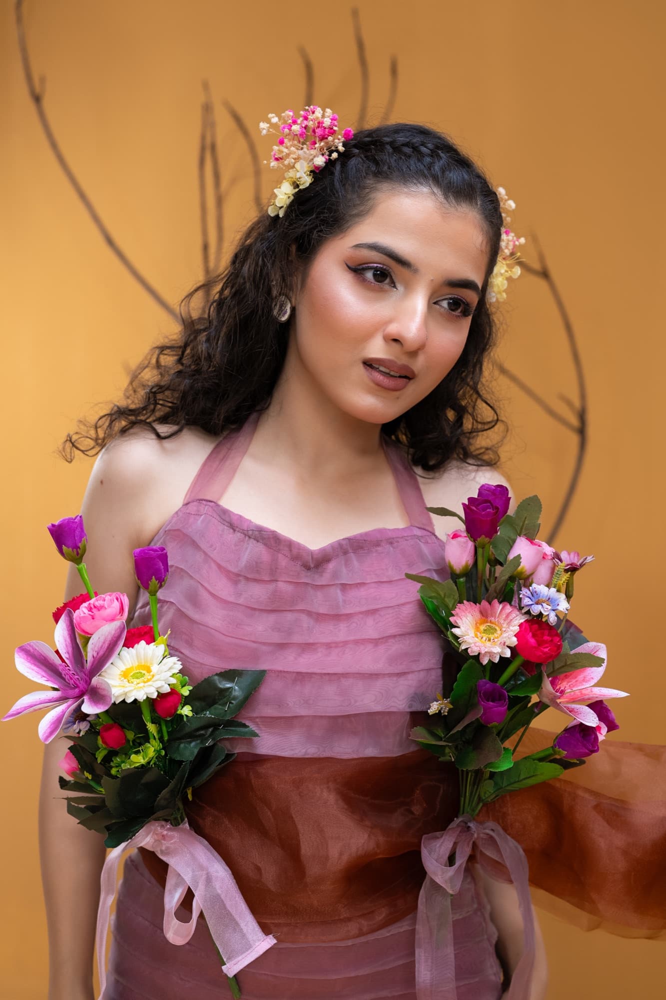 Petal Remains BUFT Graduation Couture Collection 2026 by Bangladeshi fashion designer Narin Juhi — layered organza in dusty rose, violet, cocoa and ivory with ruffles and dried-flower embroidery, photo 35 of 36