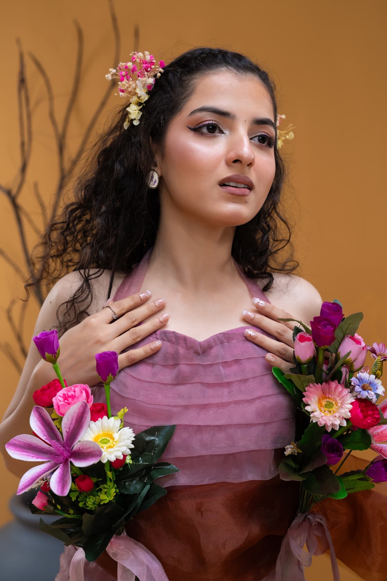 Petal Remains BUFT Graduation Couture Collection 2026 by Bangladeshi fashion designer Narin Juhi — layered organza in dusty rose, violet, cocoa and ivory with ruffles and dried-flower embroidery, photo 33 of 36