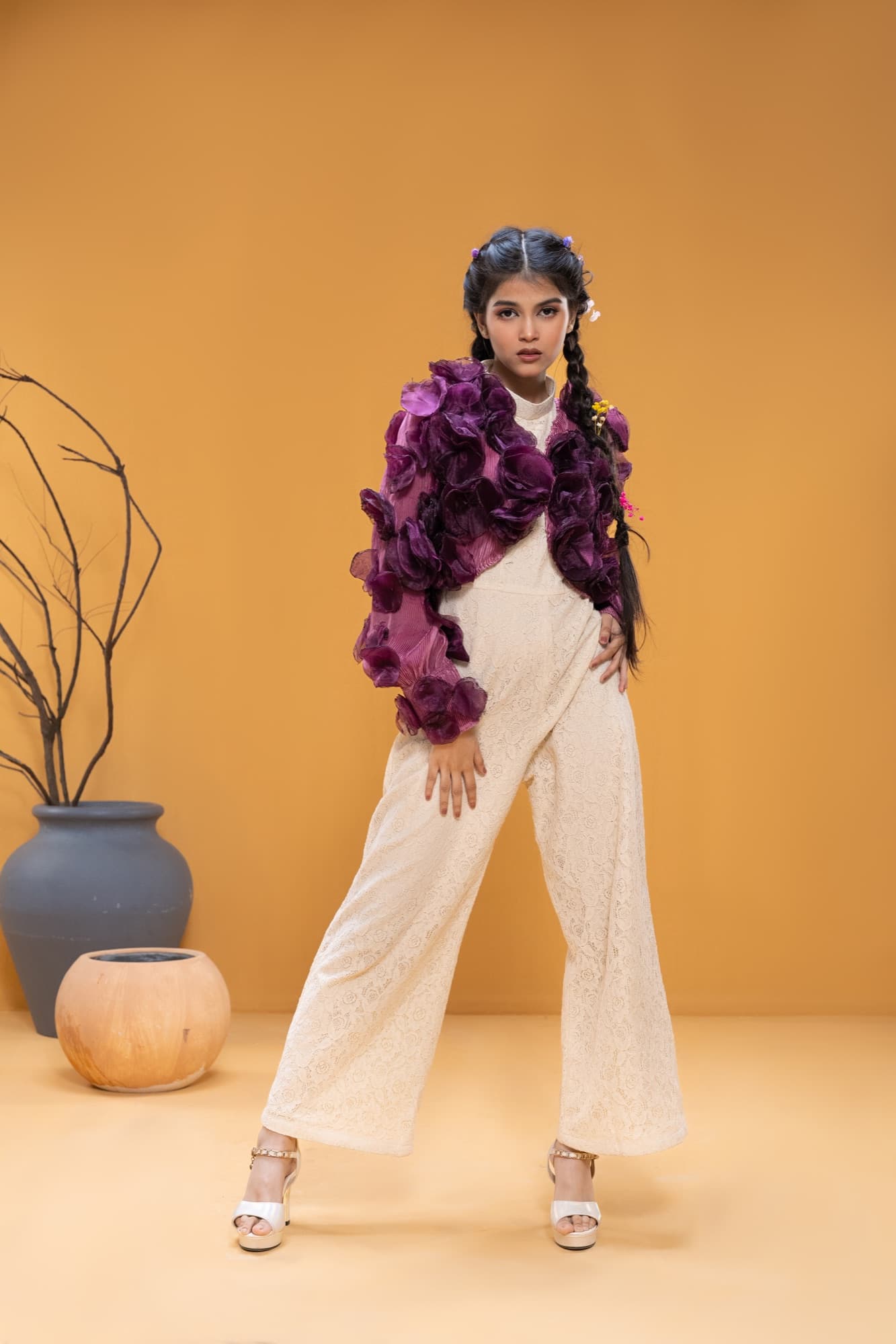Petal Remains BUFT Graduation Couture Collection 2026 by Bangladeshi fashion designer Narin Juhi — layered organza in dusty rose, violet, cocoa and ivory with ruffles and dried-flower embroidery, photo 22 of 36