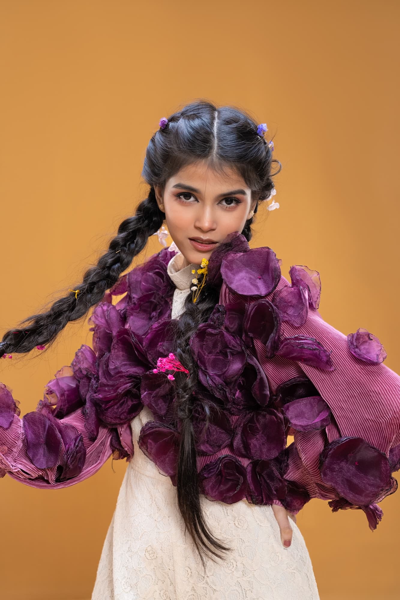 Petal Remains BUFT Graduation Couture Collection 2026 by Bangladeshi fashion designer Narin Juhi — layered organza in dusty rose, violet, cocoa and ivory with ruffles and dried-flower embroidery, photo 20 of 36