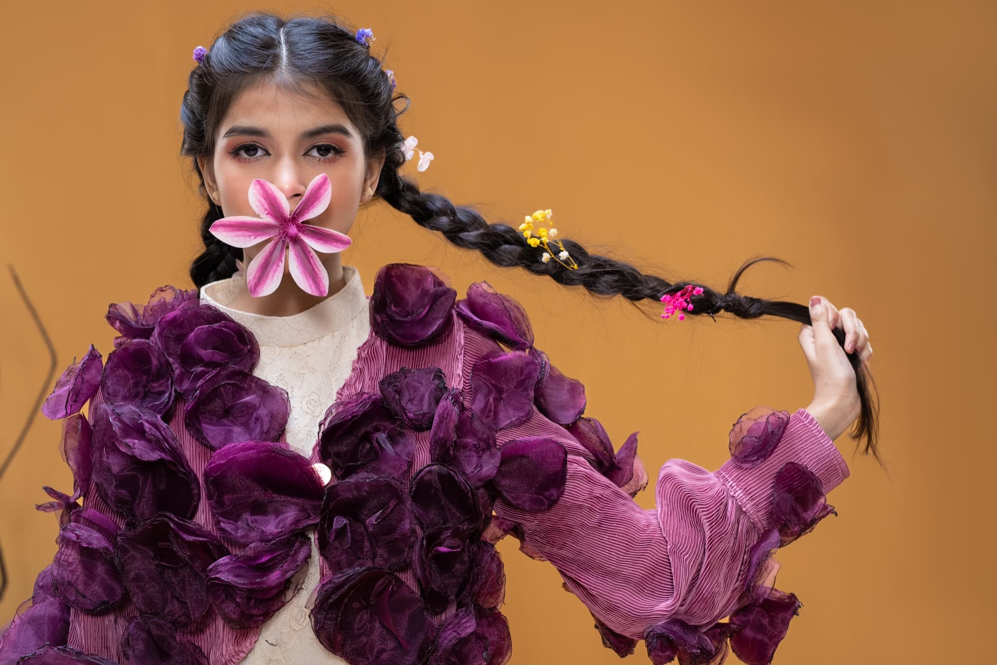 Petal Remains BUFT Graduation Couture Collection 2026 by Bangladeshi fashion designer Narin Juhi — layered organza in dusty rose, violet, cocoa and ivory with ruffles and dried-flower embroidery, photo 19 of 36