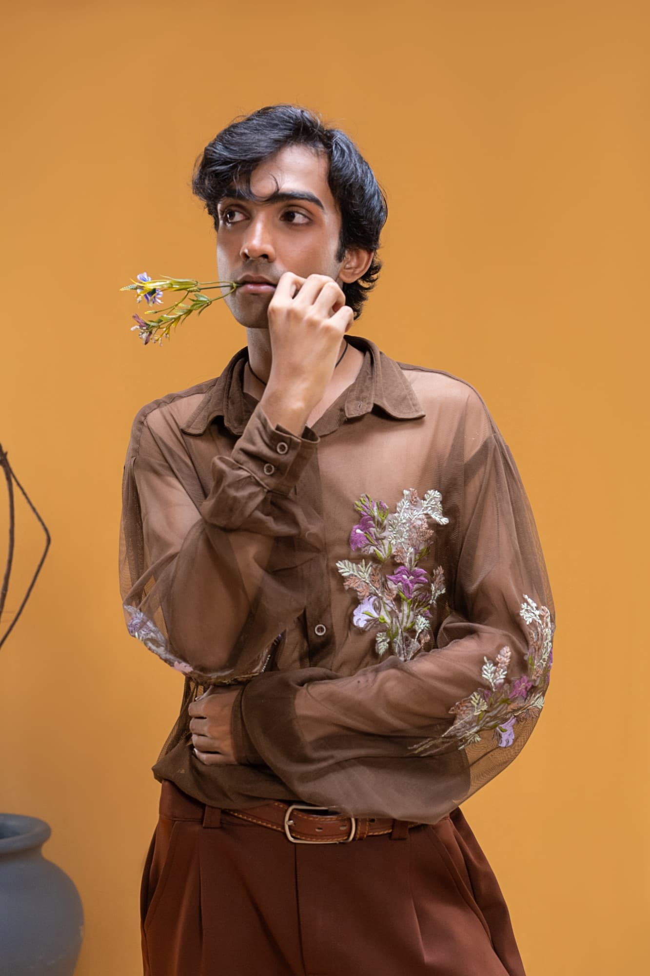 Petal Remains BUFT Graduation Couture Collection 2026 by Bangladeshi fashion designer Narin Juhi — layered organza in dusty rose, violet, cocoa and ivory with ruffles and dried-flower embroidery, photo 11 of 36