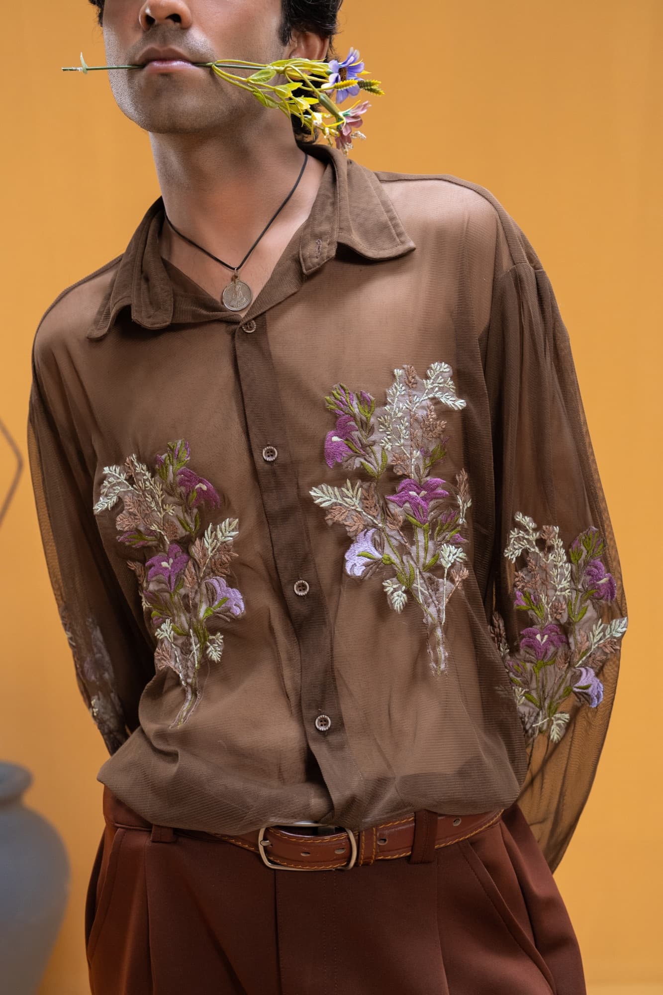 Petal Remains BUFT Graduation Couture Collection 2026 by Bangladeshi fashion designer Narin Juhi — layered organza in dusty rose, violet, cocoa and ivory with ruffles and dried-flower embroidery