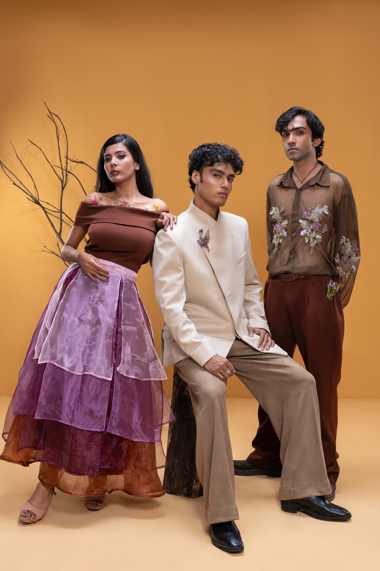 Petal Remains BUFT Graduation Couture Collection 2026 by Bangladeshi fashion designer Narin Juhi — layered organza in dusty rose, violet, cocoa and ivory with ruffles and dried-flower embroidery, photo 6 of 36