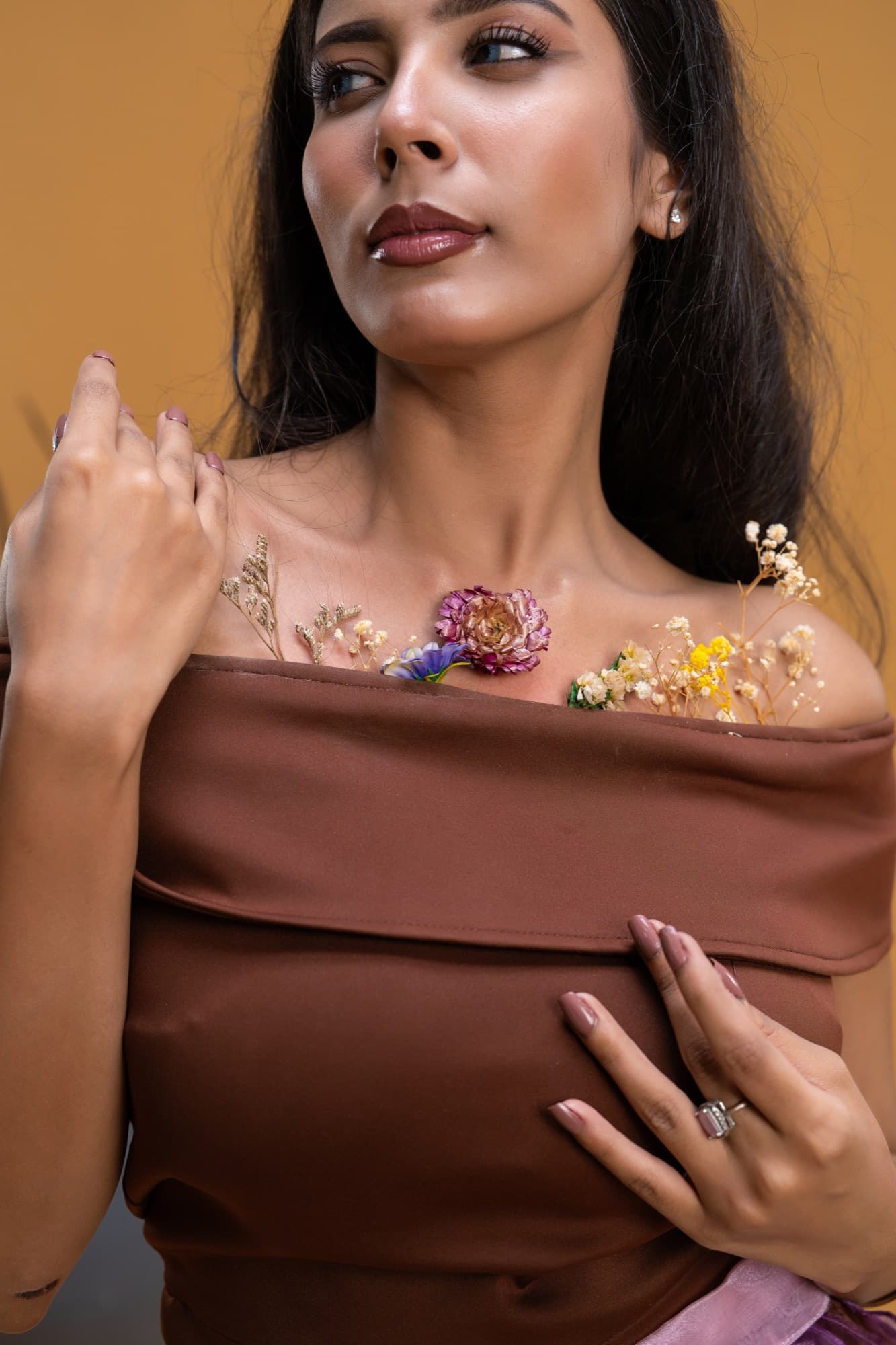 Petal Remains BUFT Graduation Couture Collection 2026 by Bangladeshi fashion designer Narin Juhi — layered organza in dusty rose, violet, cocoa and ivory with ruffles and dried-flower embroidery, photo 5 of 36