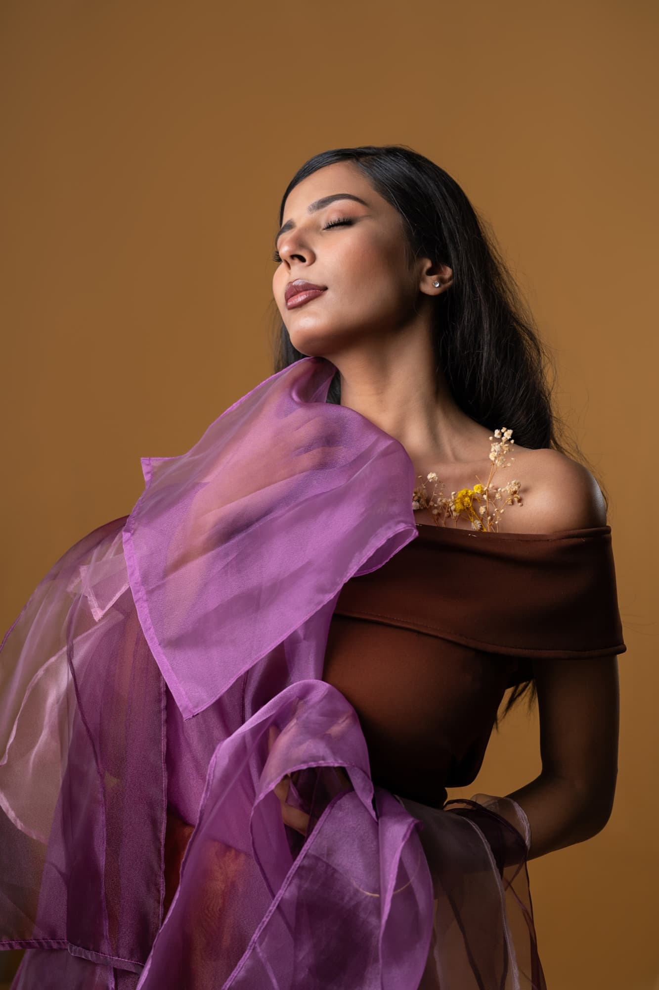 Petal Remains BUFT Graduation Couture Collection 2026 by Bangladeshi fashion designer Narin Juhi — layered organza in dusty rose, violet, cocoa and ivory with ruffles and dried-flower embroidery, photo 3 of 36