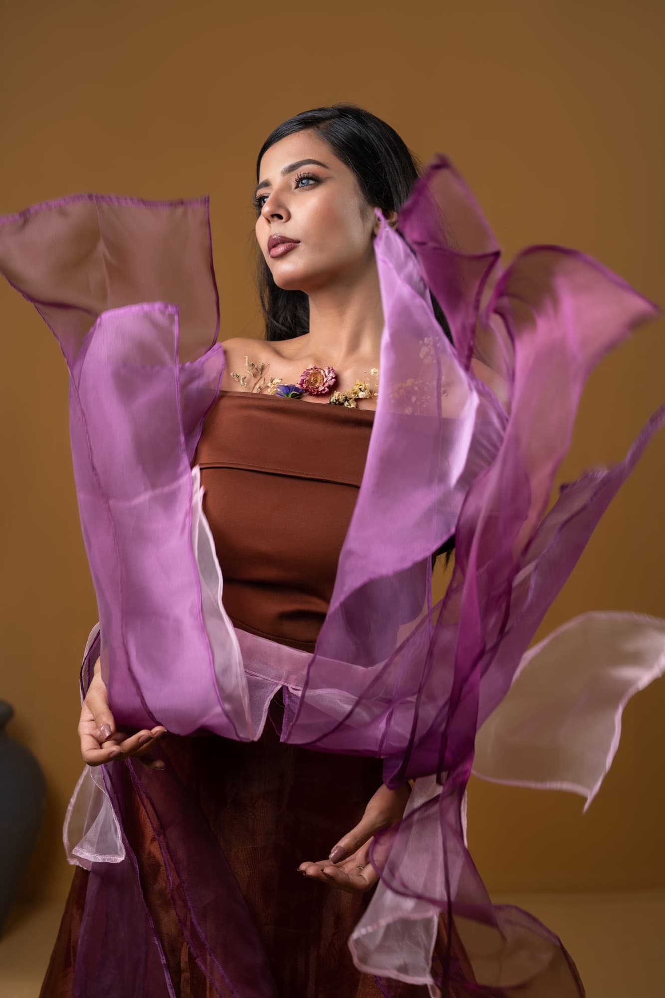 Petal Remains BUFT Graduation Couture Collection 2026 by Bangladeshi fashion designer Narin Juhi — layered organza in dusty rose, violet, cocoa and ivory with ruffles and dried-flower embroidery, photo 1 of 36