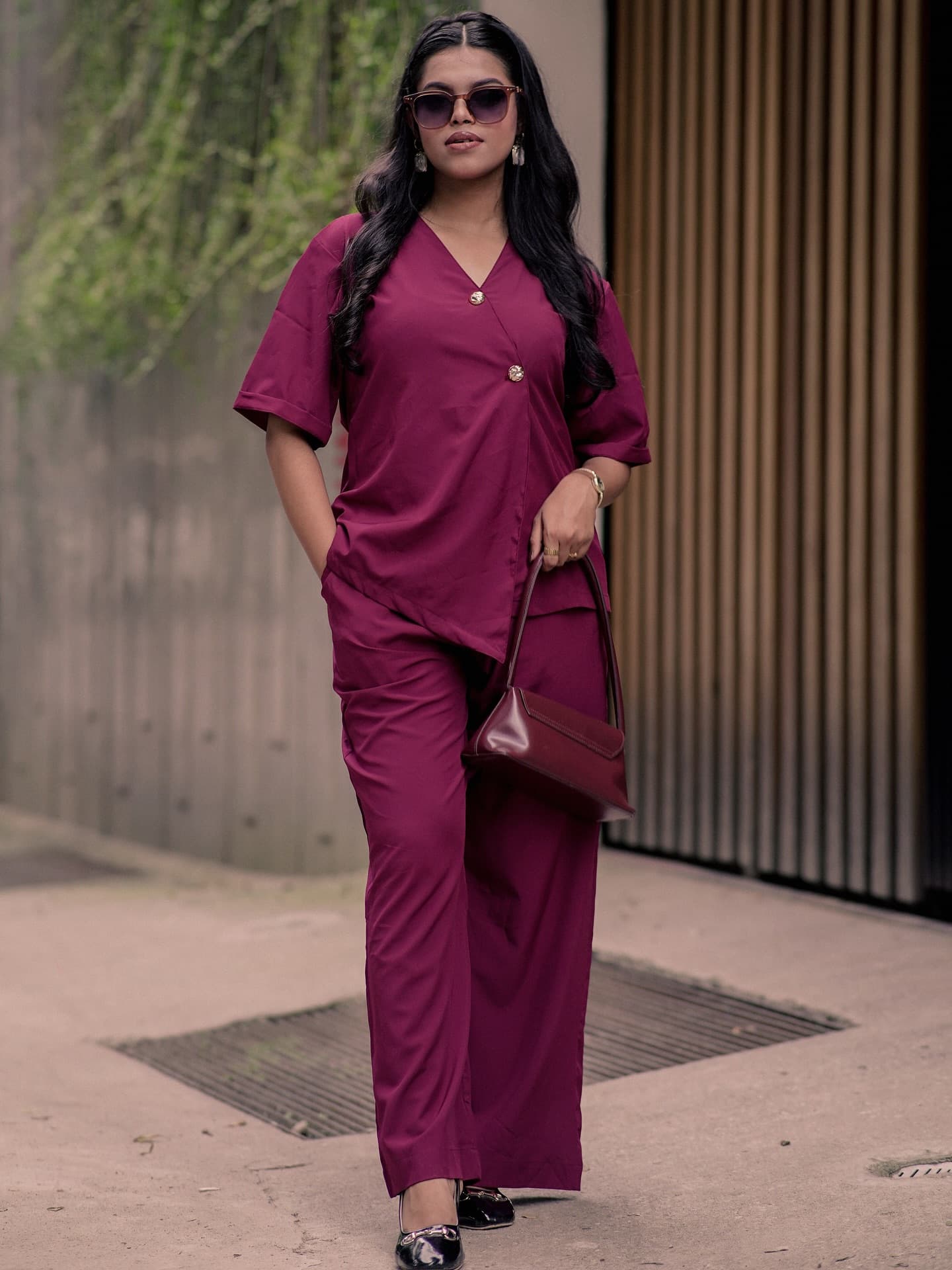 Plum short-sleeve wrap top with matching trousers — Wear Indo ready-to-wear by Bangladeshi fashion designer Narin Juhi