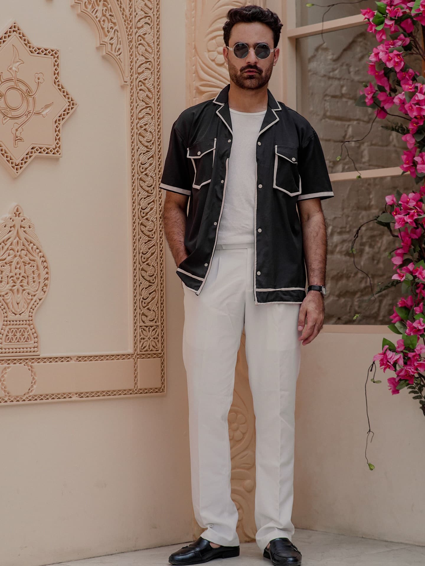 Black camp-collar shirt with ivory piping — Wear Indo ready-to-wear by Bangladeshi fashion designer Narin Juhi