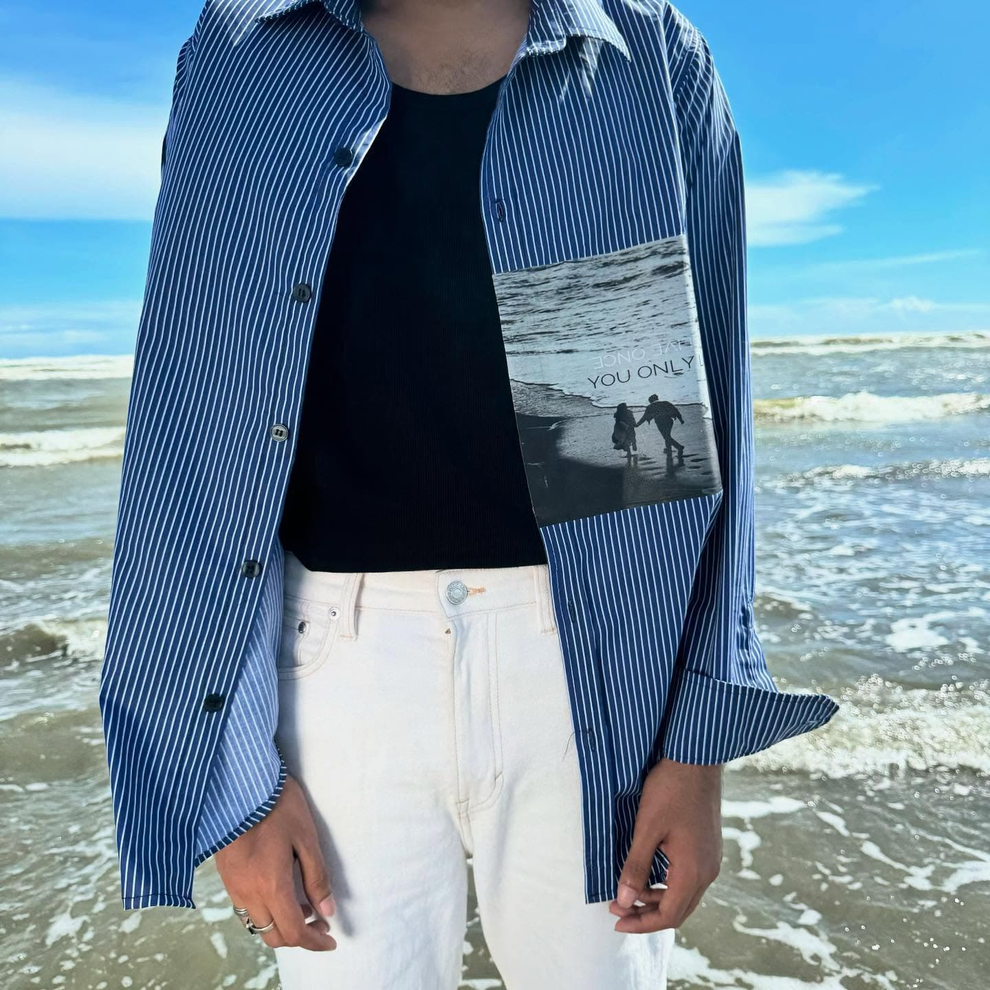 Blue striped shirt with a printed photo patch panel — Wear Indo ready-to-wear by Bangladeshi fashion designer Narin Juhi