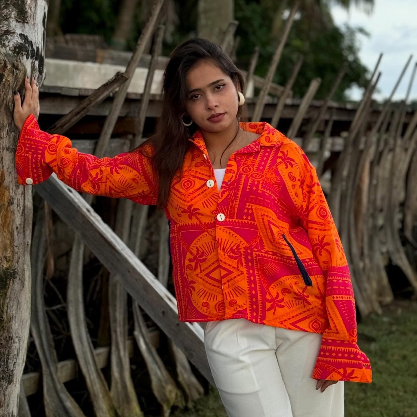 Orange and red geometric print shirt — Wear Indo ready-to-wear by Bangladeshi fashion designer Narin Juhi
