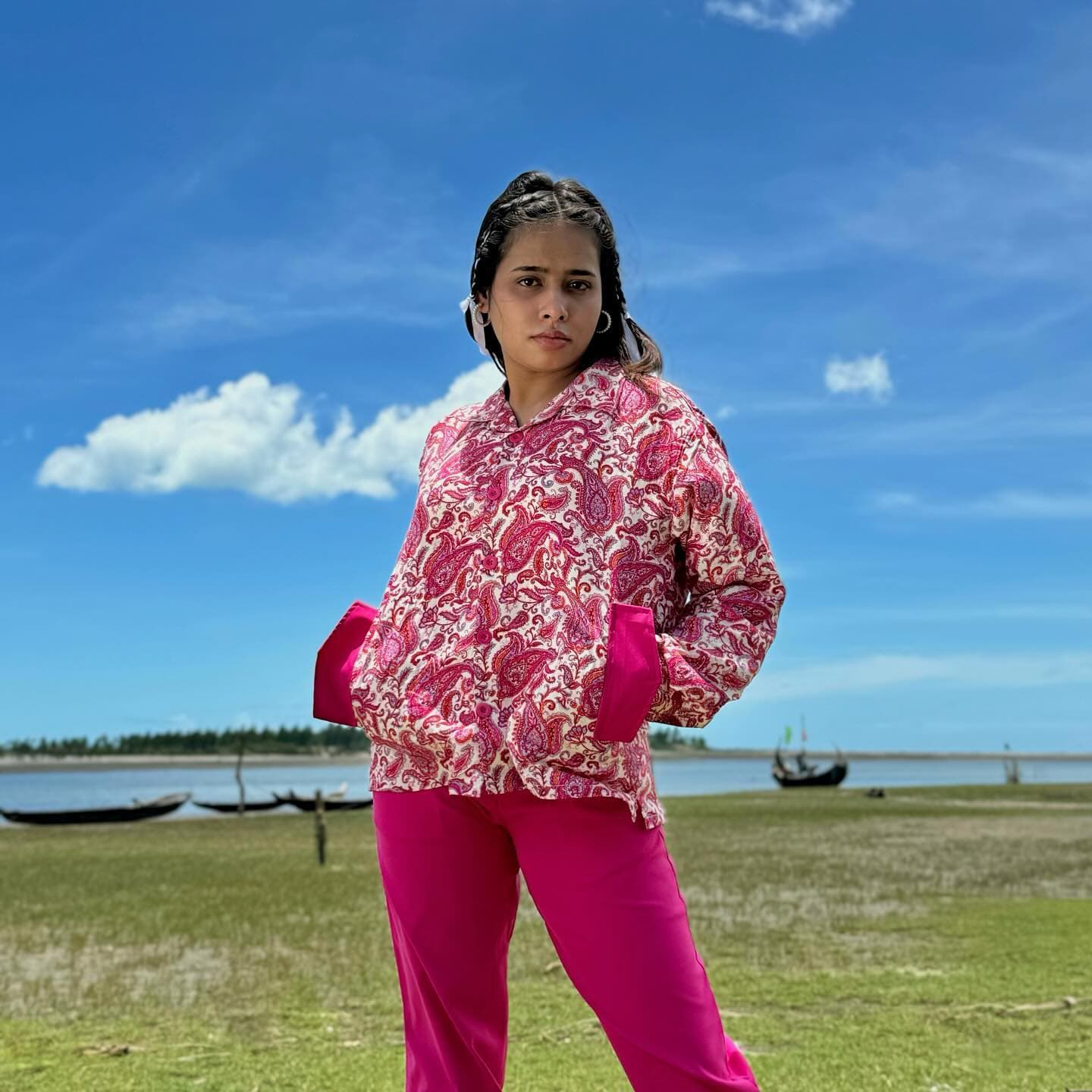 Pink floral print shirt with fuchsia trousers — Wear Indo ready-to-wear by Bangladeshi fashion designer Narin Juhi