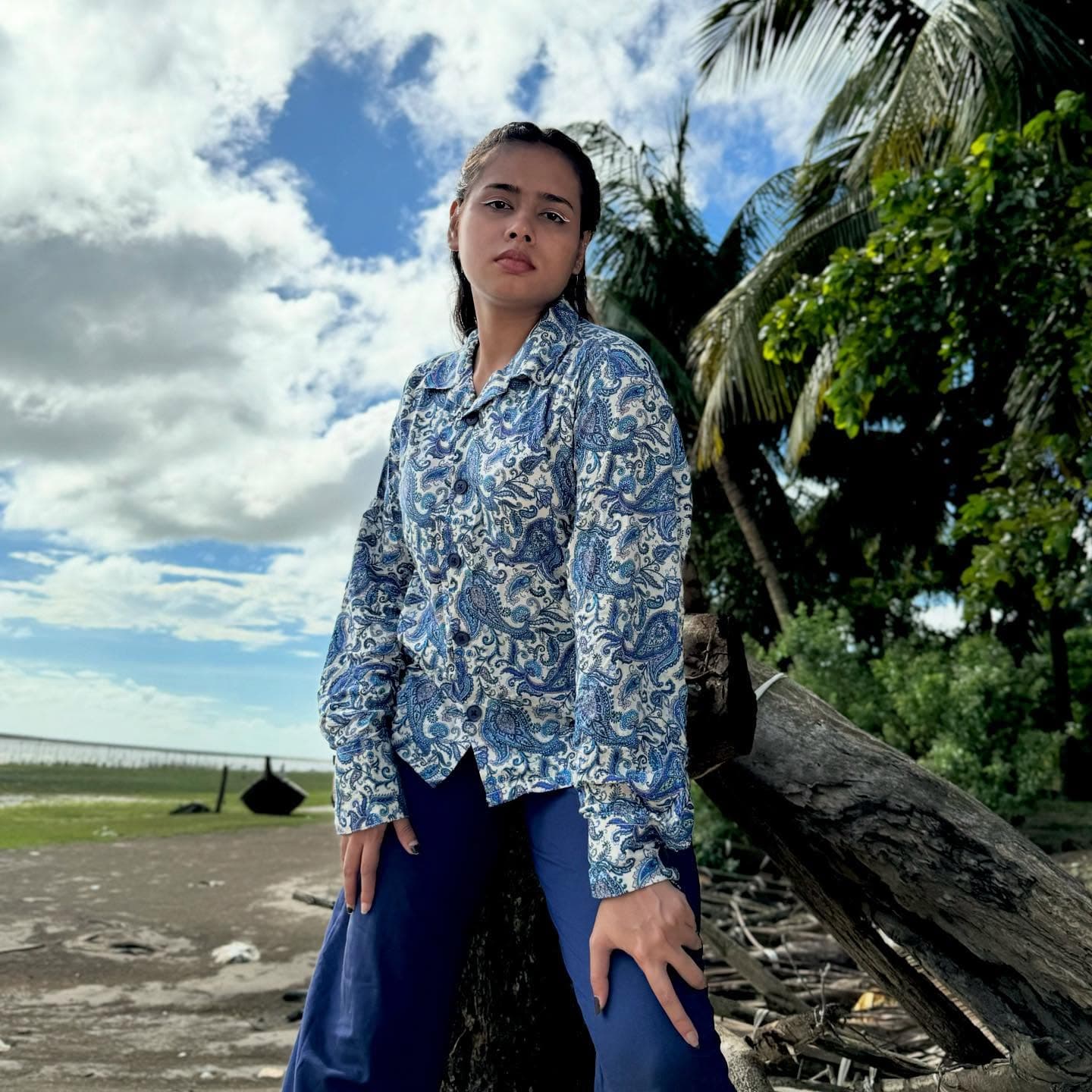 Blue and white floral print shirt — Wear Indo ready-to-wear by Bangladeshi fashion designer Narin Juhi