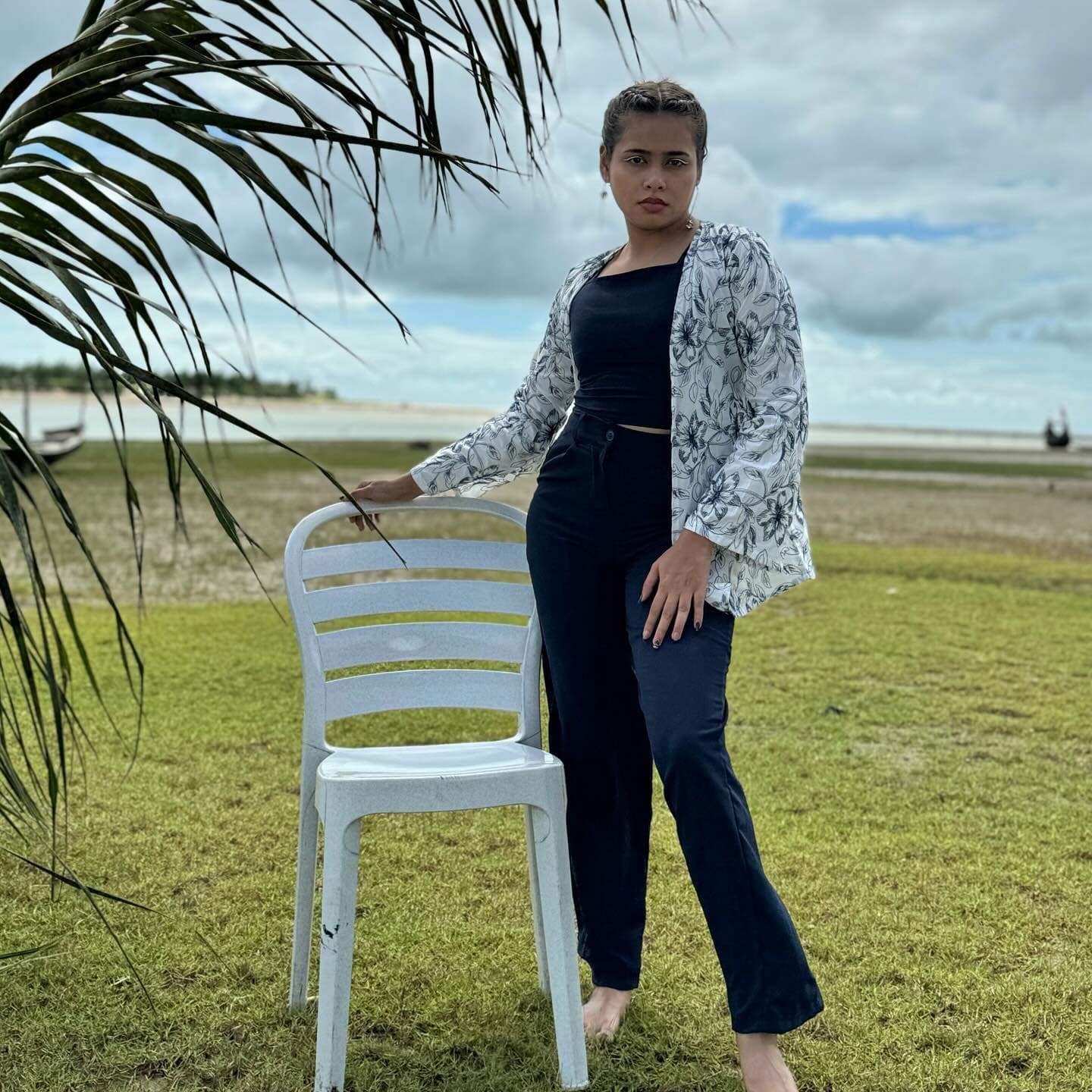 Ivory and grey print overshirt worn open over navy — Wear Indo ready-to-wear by Bangladeshi fashion designer Narin Juhi