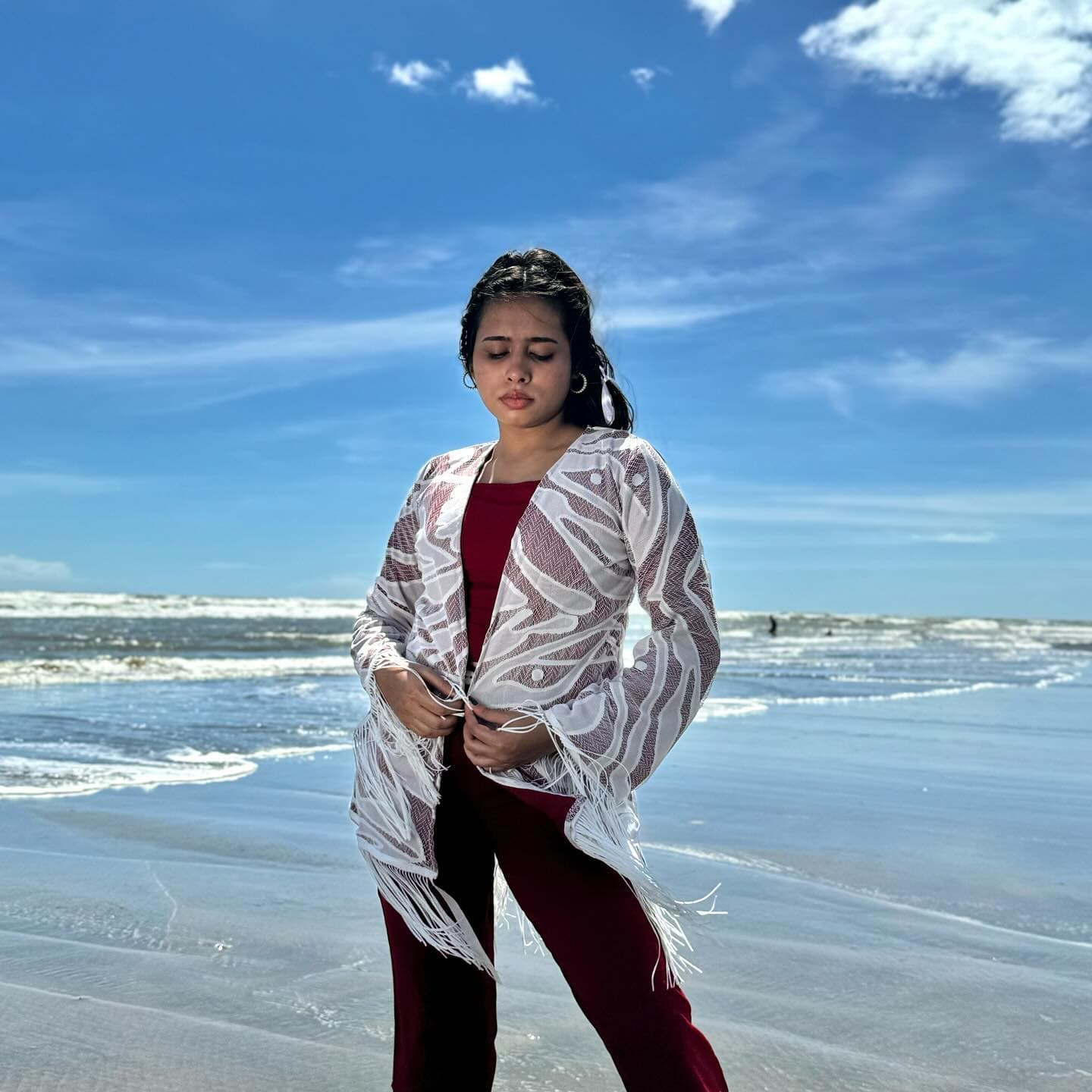Sheer white patterned shirt with fringe sleeves over maroon — Wear Indo ready-to-wear by Bangladeshi fashion designer Narin Juhi